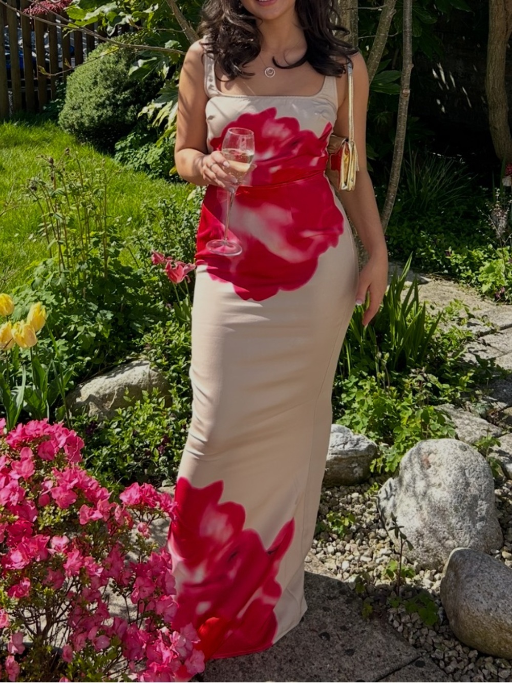 Beige Maxi Dress with Red Floral Print